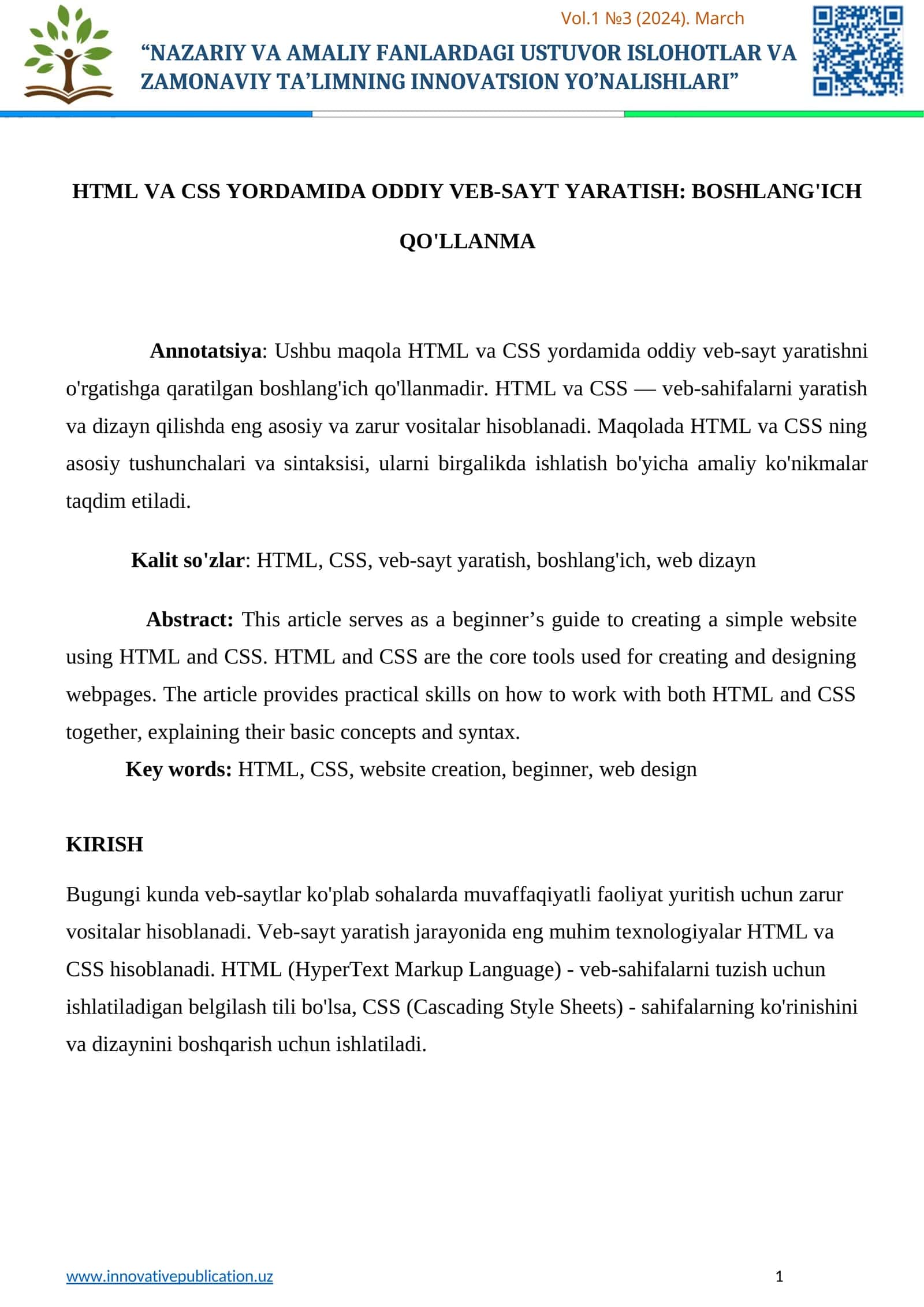 HTML VA CSS YORDAMIDA ODDIY VEB-SAYT YARATISH: BOSHLANG'ICH QO'LLANMA 1