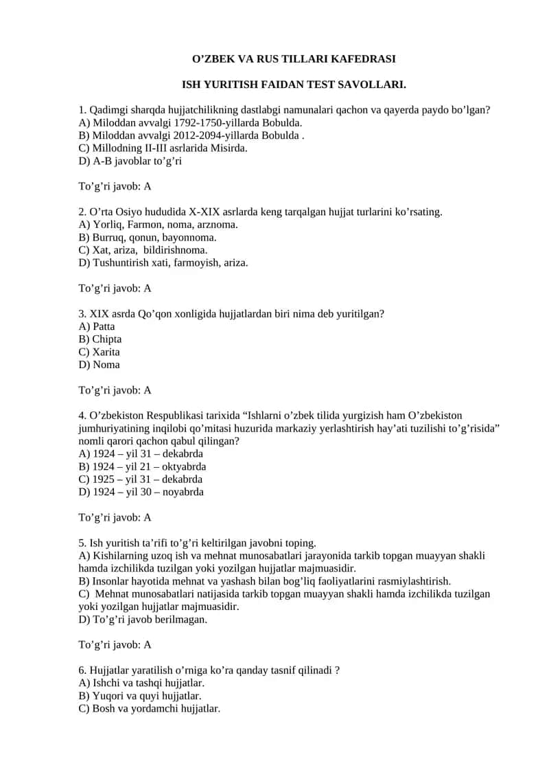 O'zbek tilida ish yuritish test 1