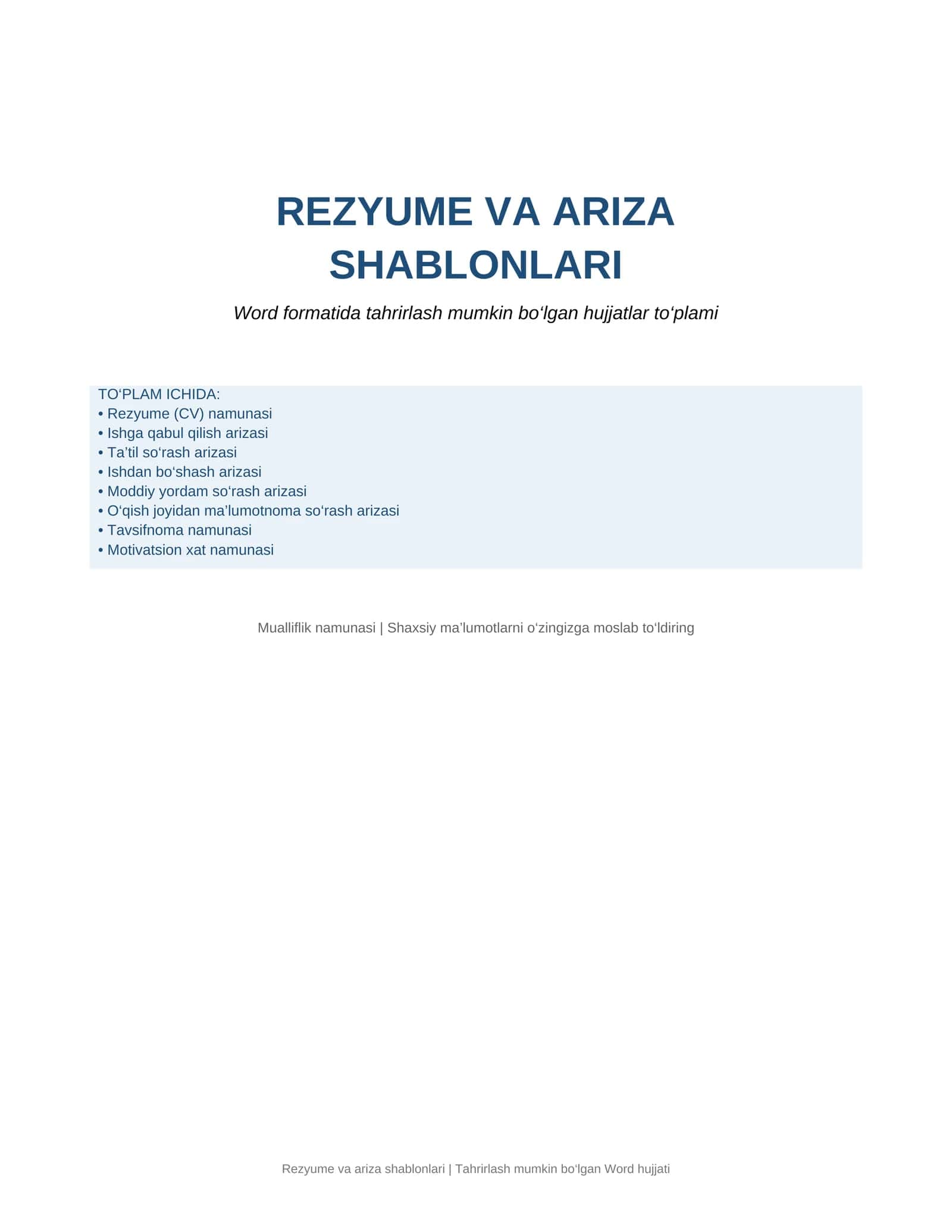 Rezyume va ariza shablonlari — Word formatida tayyor hujjatlar to‘plami 1