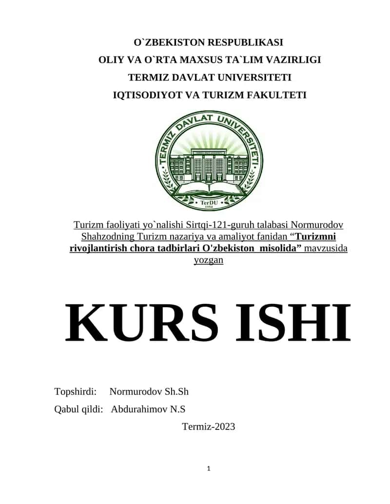 Turizmni rivojlantirish chora tadbirlari O'zbekiston misolida 1