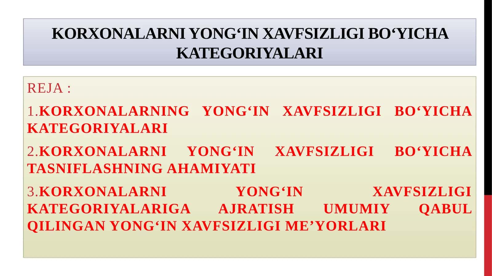 Korxonalarning yong‘in xavfsizligi bo‘yicha kategoriyalari 1