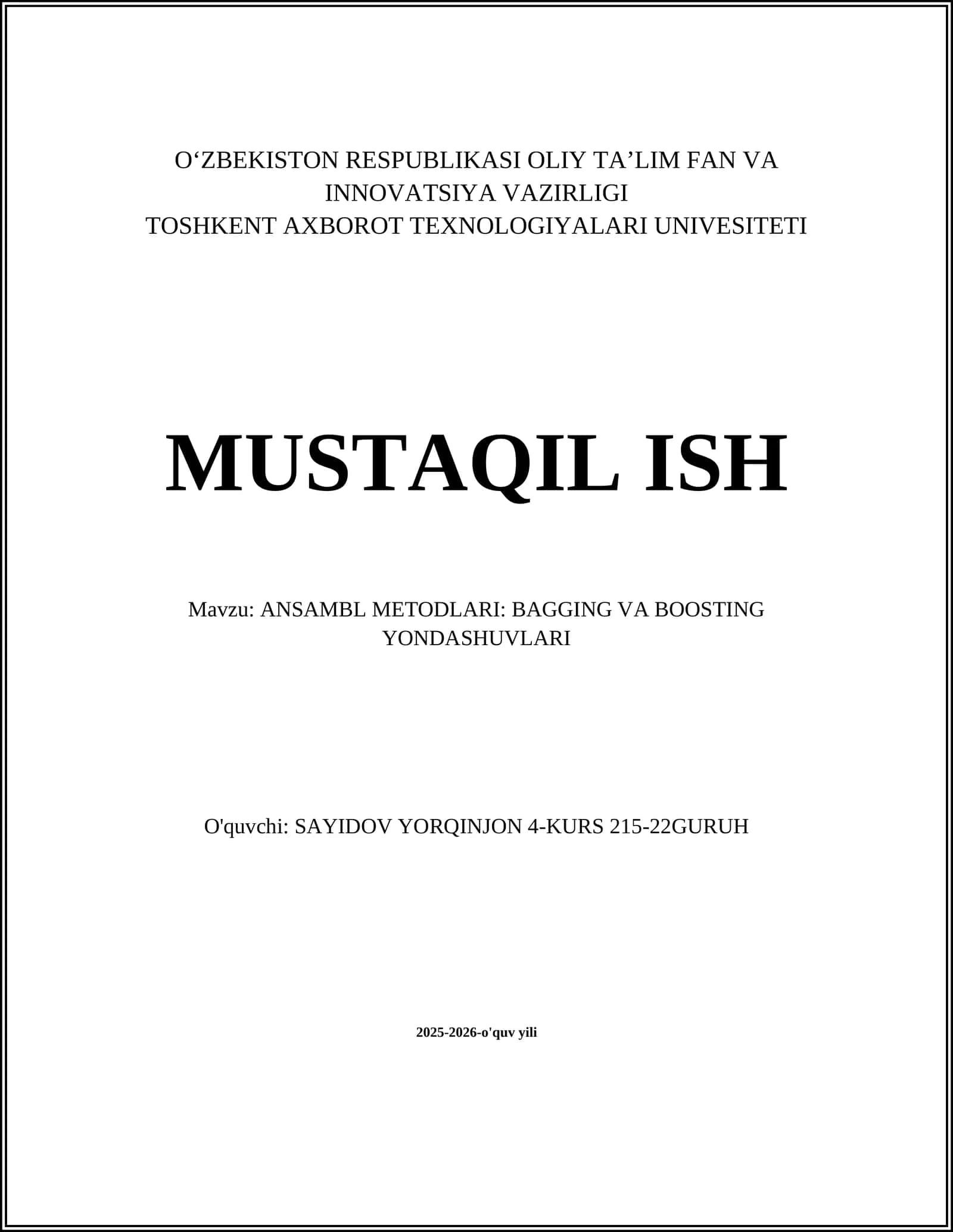 ANSAMBL METODLARI: BAGGING VA BOOSTING YONDASHUVLARI 1
