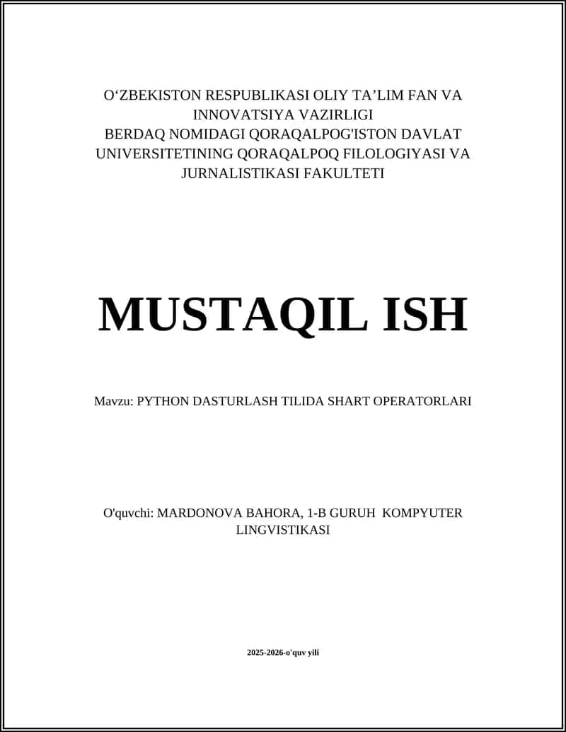 PYTHON DASTURLASH TILIDA SHART OPERATORLARI 1