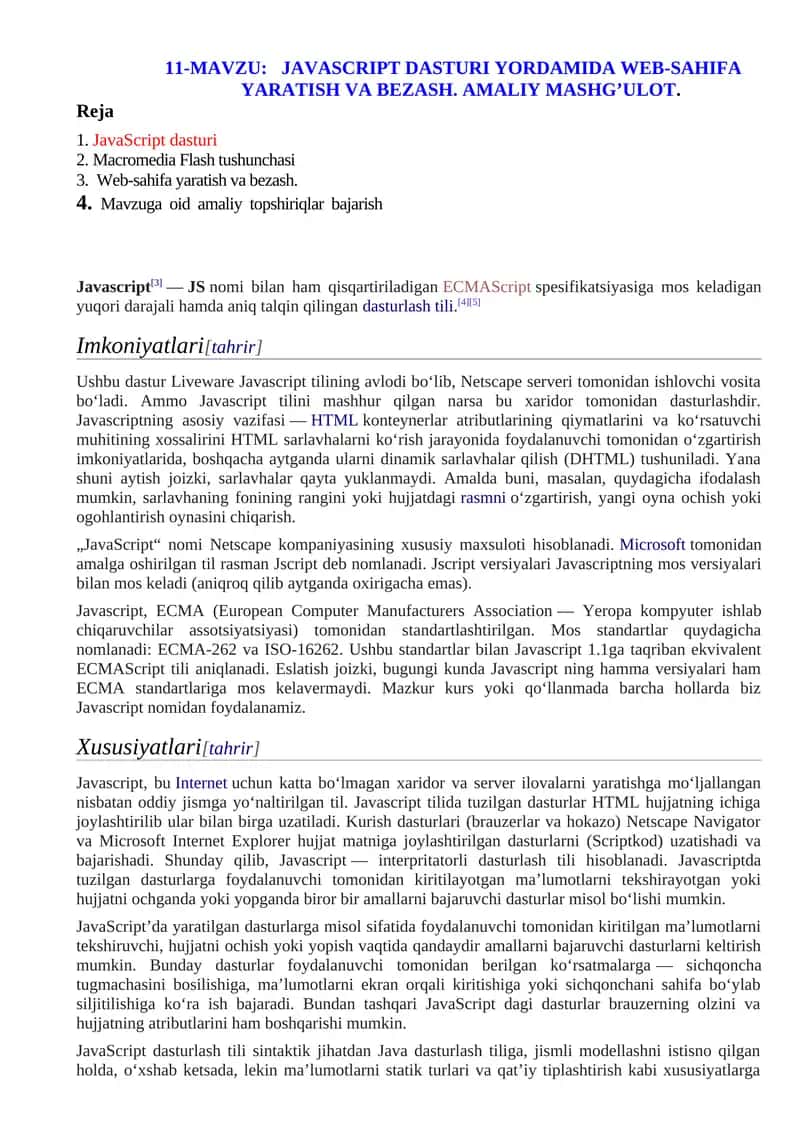 JavaScript dasturi yordamida Web-sahifa yaratish va bezash 1