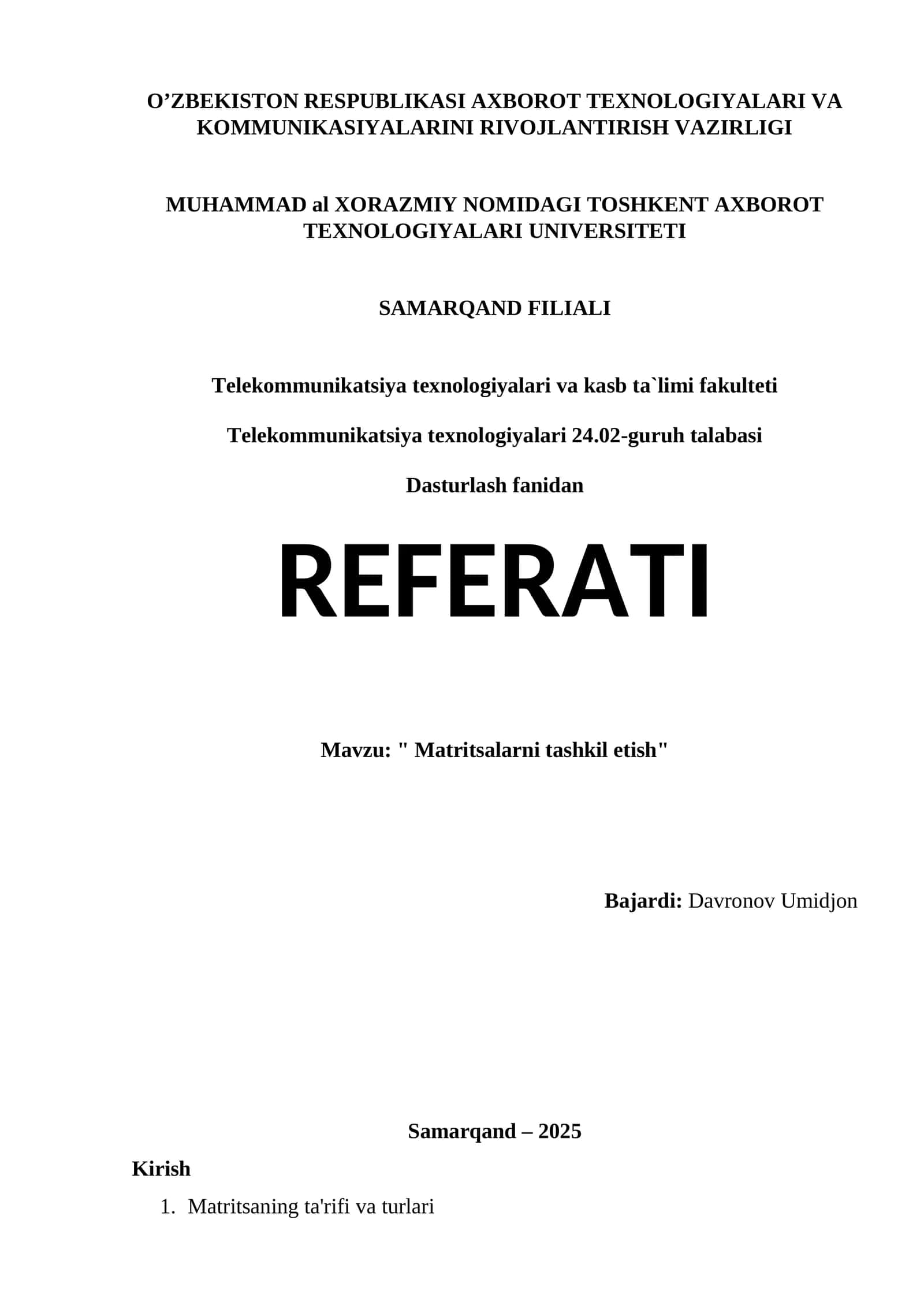 Matritsalarni tashkil etish 1
