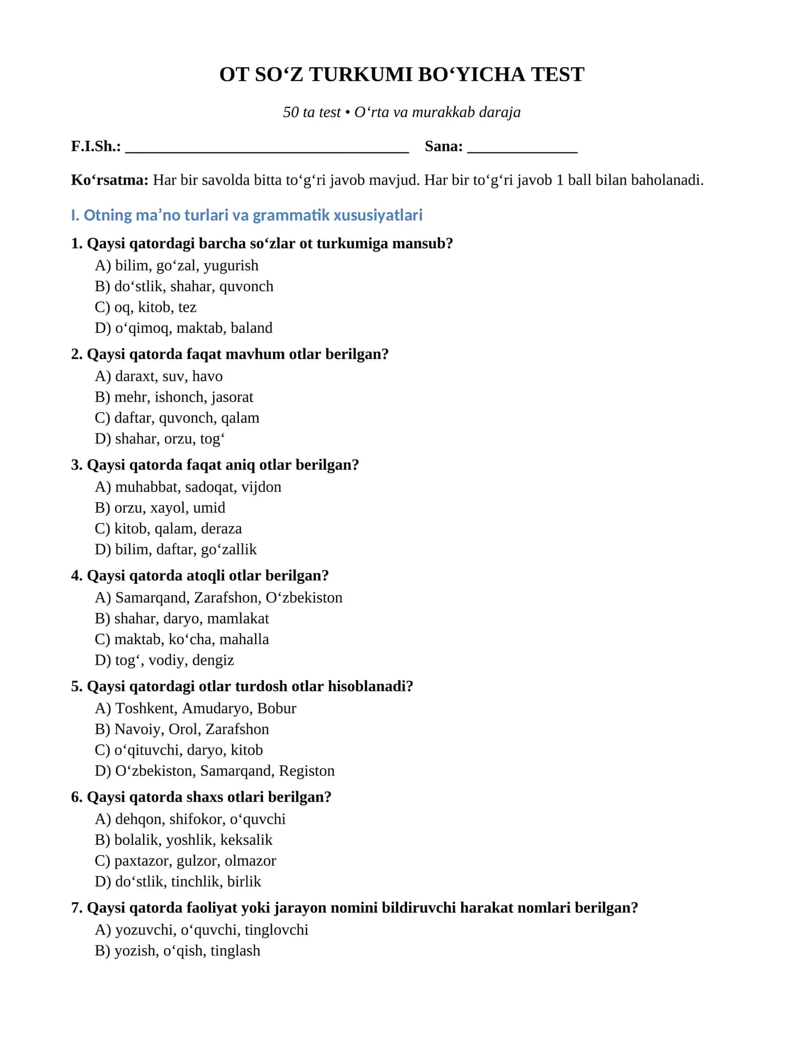 Ot soʻz turkumi testlar umumiy 1