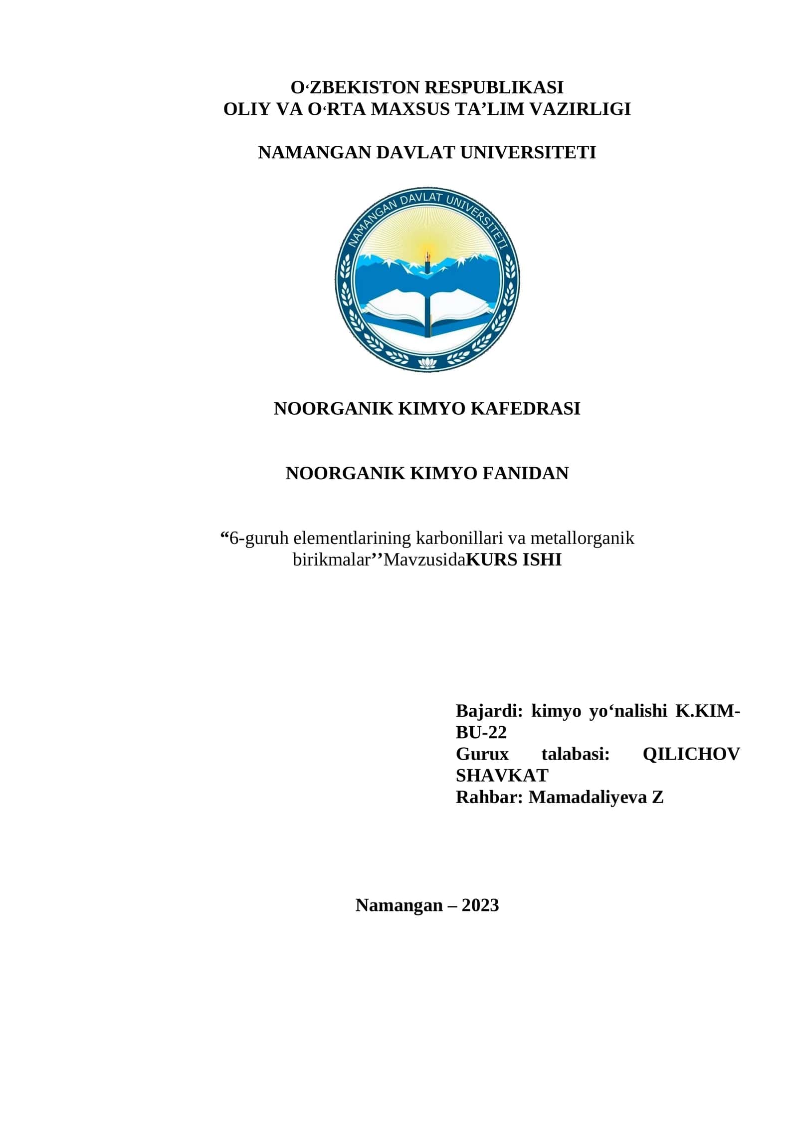 6-guruh elementlarining karbonillari va metallorganik birikmalar 1
