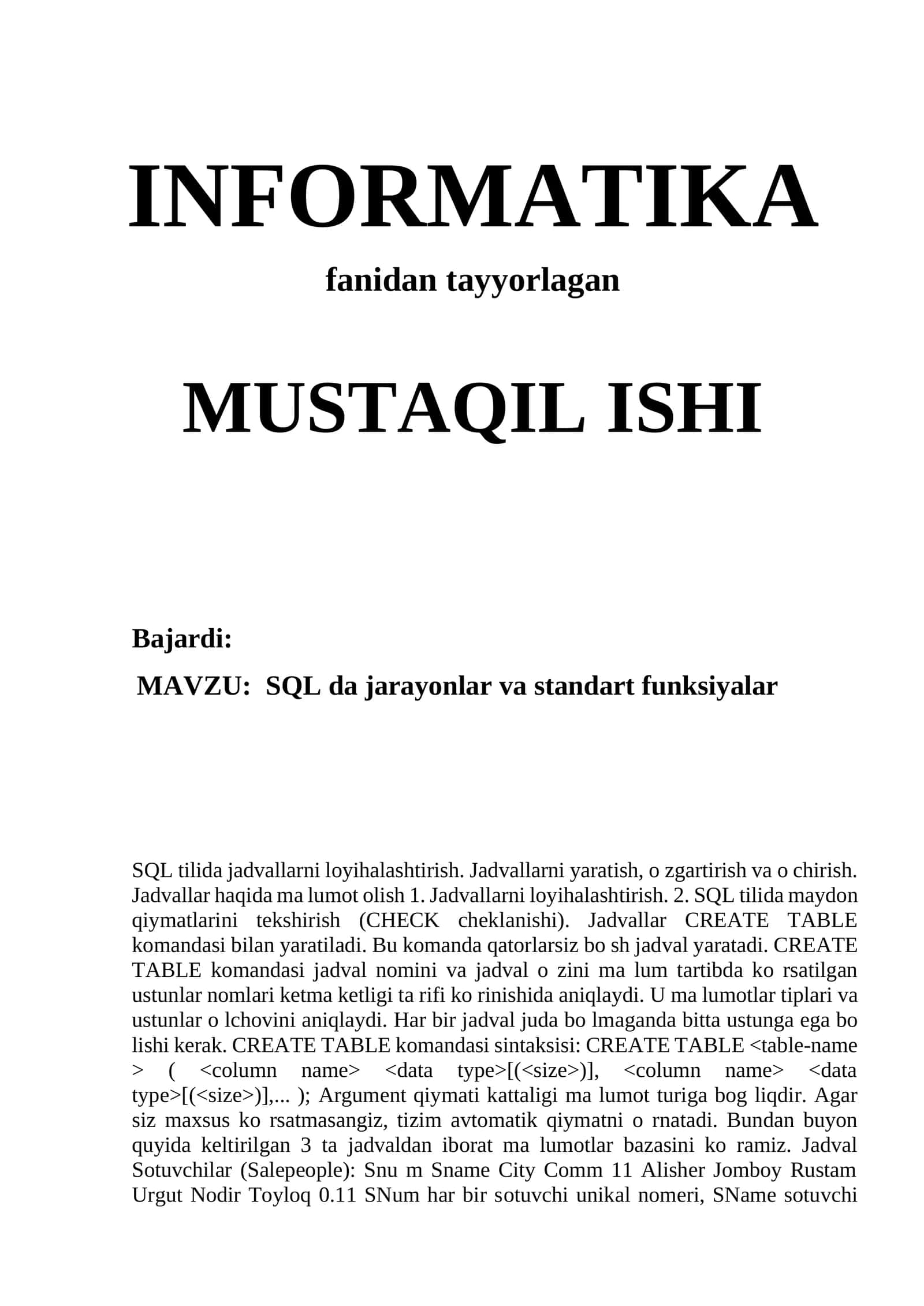 SQL da jarayonlar va standart funksiyalar 1