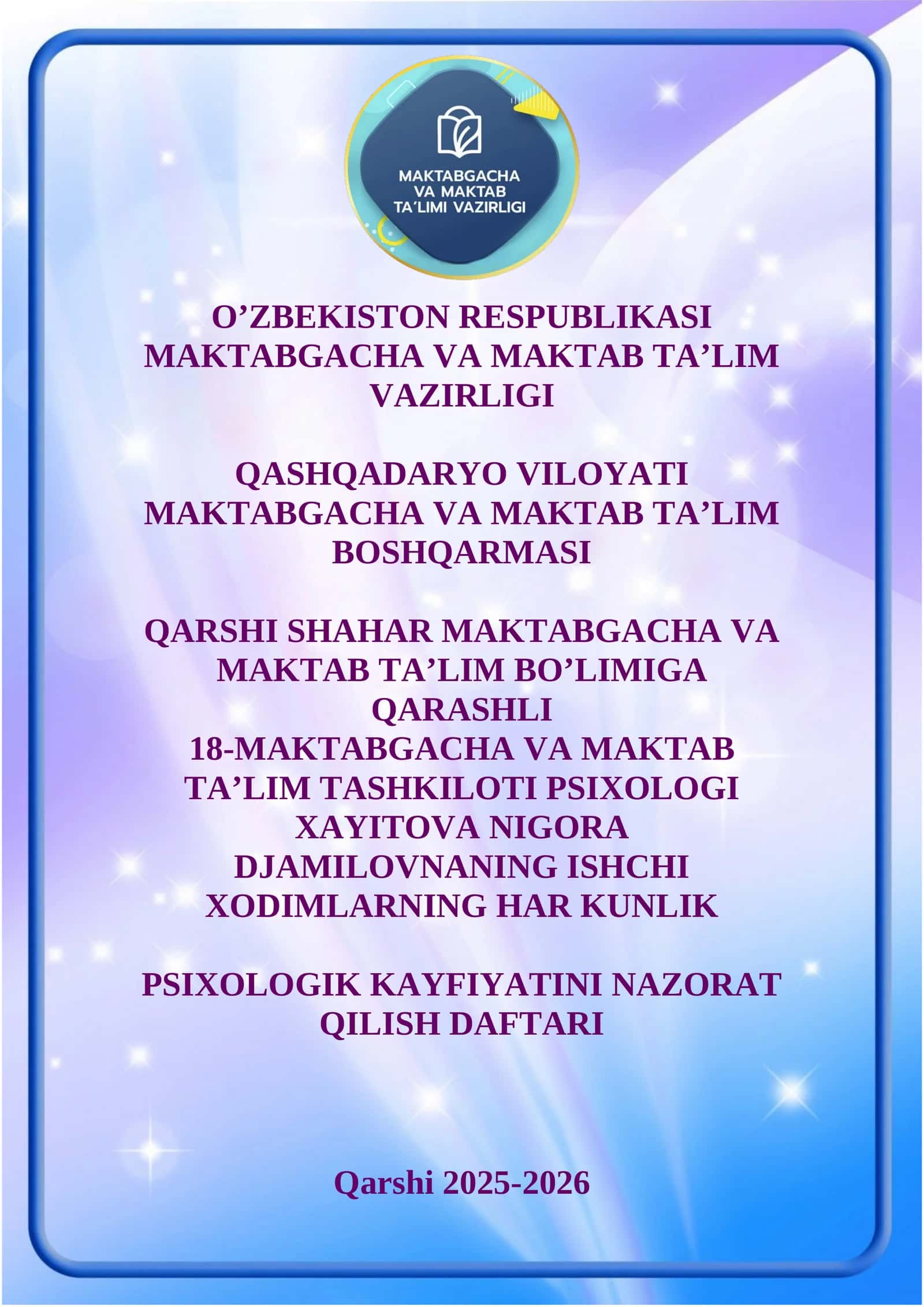 PSIXOLOGIK KAYFIYATINI NAZORAT QILISH DAFTARI 1