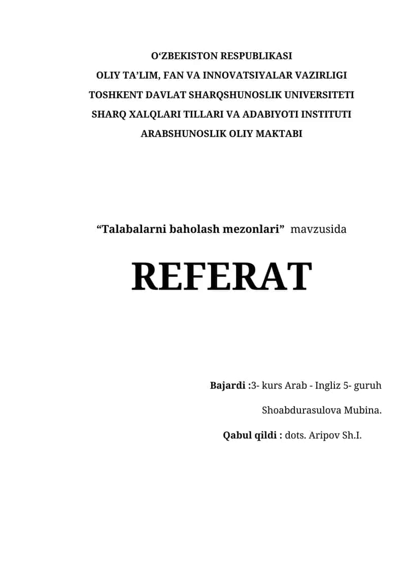 Talabalarni baholash mezonlari 1