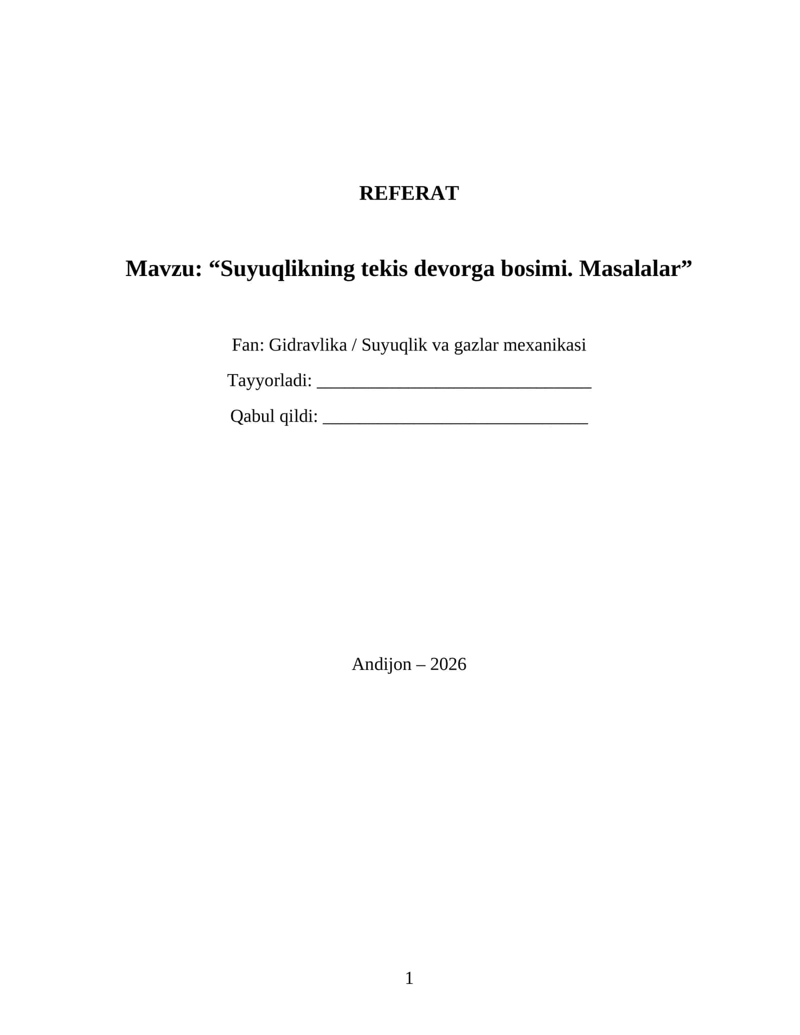 Suyuqlikning tekis devorga bosimi. Masalalar 1