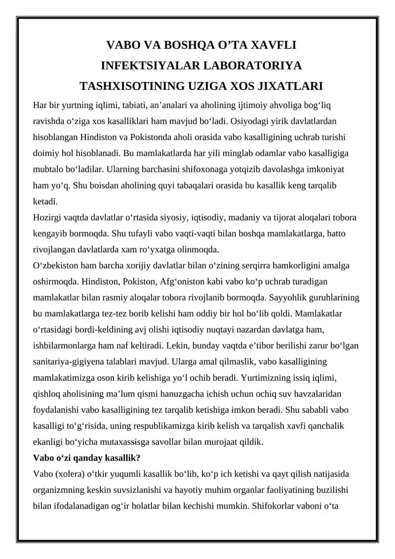 Vabo va Boshqa O'ta Xavfli Infektsiyalar Laboratoriya Tashxisotining Uziga Xos Jixatlari 1