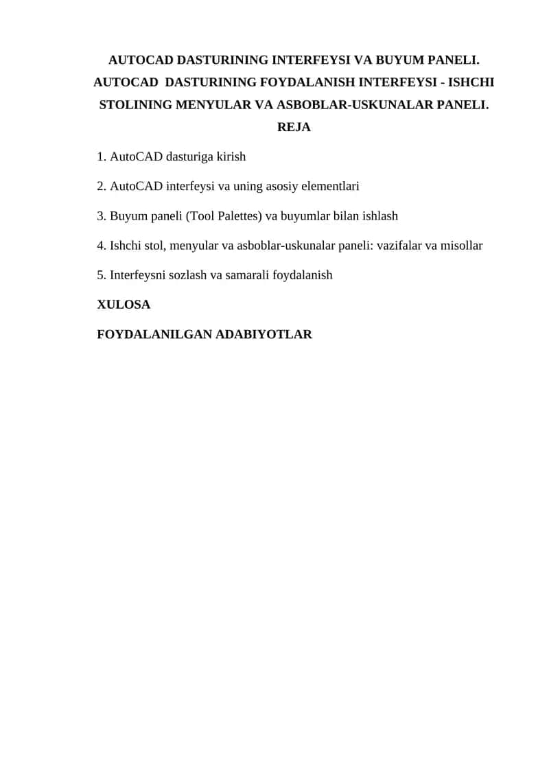 AutoCAD Dasturining Interfeysi va Buyum Paneli 1