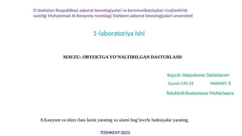OBYEKTGA YO’NALTIRILGAN DASTURLASH 1