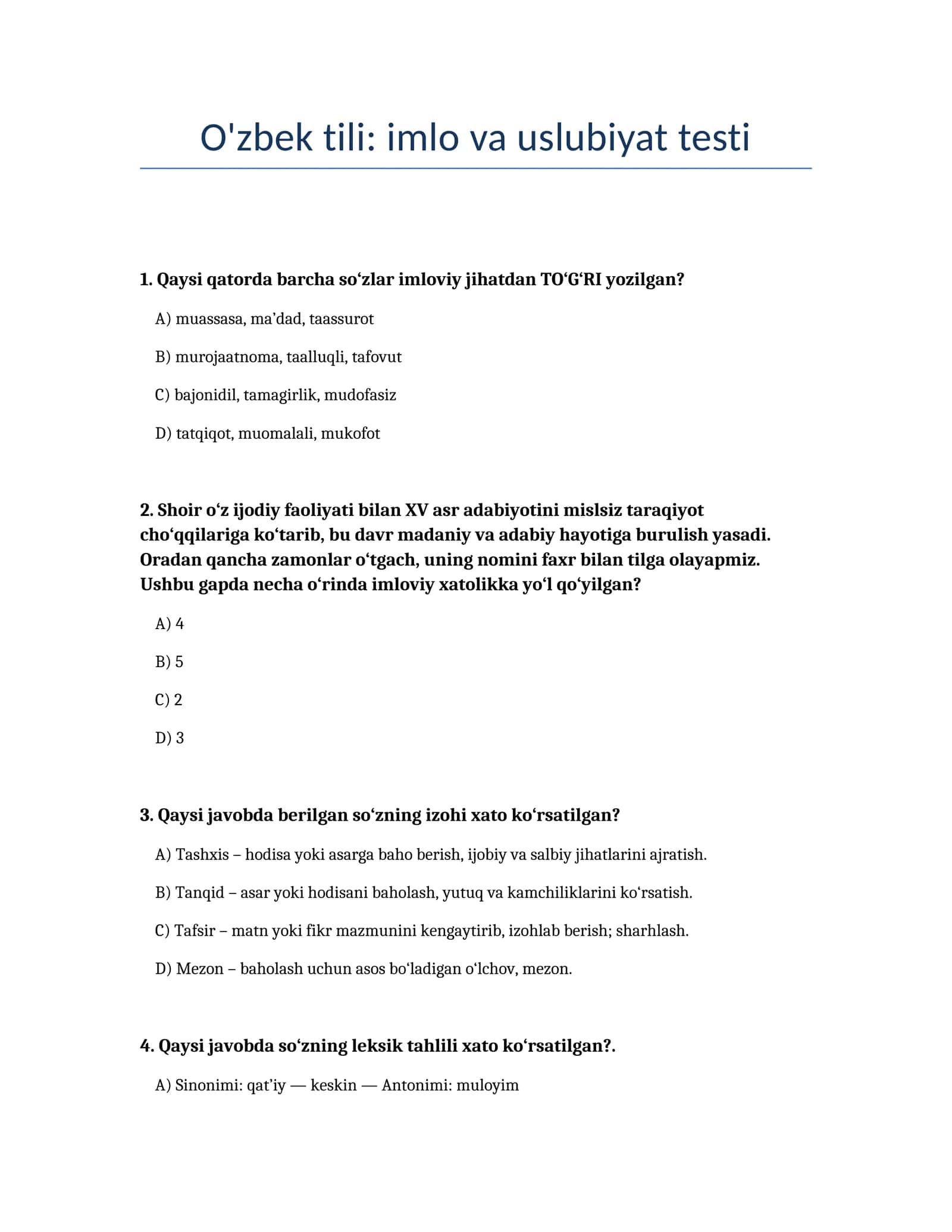 O'zbek tili: imlo va uslubiyat testi 1