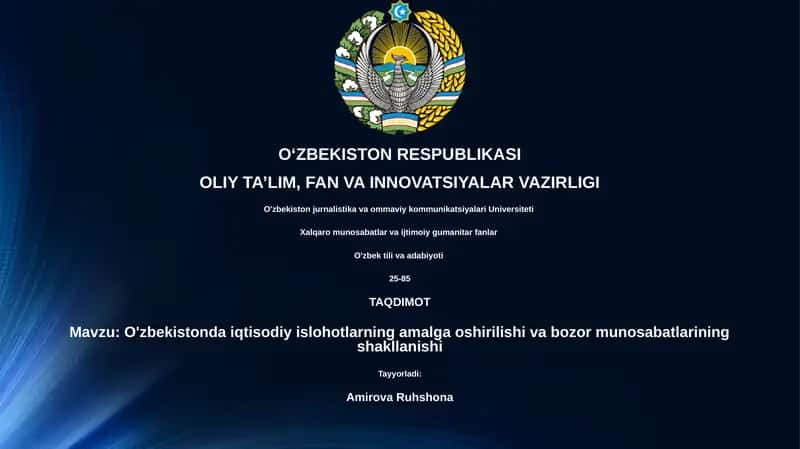 O'zbekistonda iqtisodiy islohotlarning amalga oshirilishi va bozor munosabatlarining shakllanishi 1