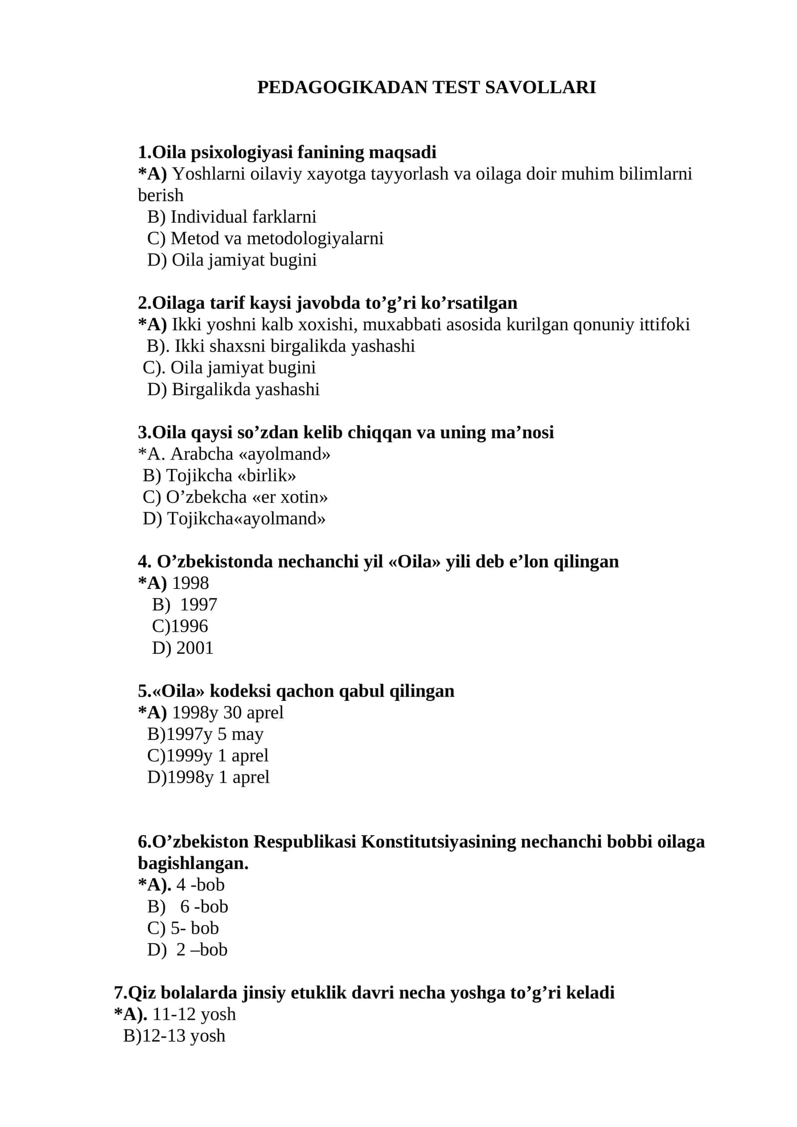 PEDAGOGIKADAN TEST SAVOLLARI 1