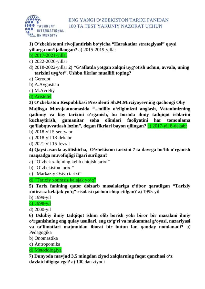 100 TA TEST YAKUNIY NAZORAT UCHUN 1