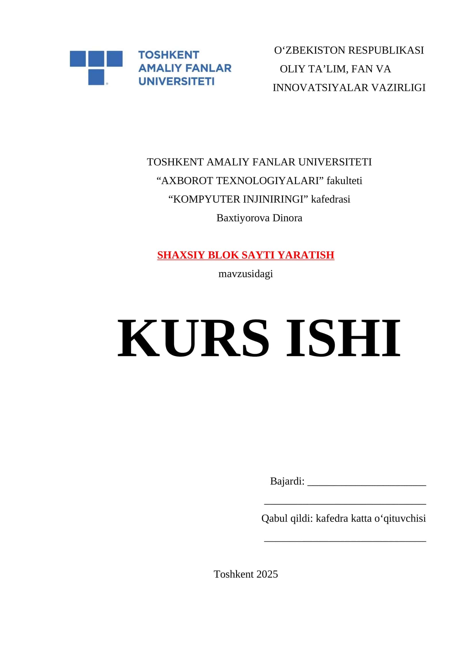 SHAXSIY BLOK SAYTI YARATISH KURS ISHI 1