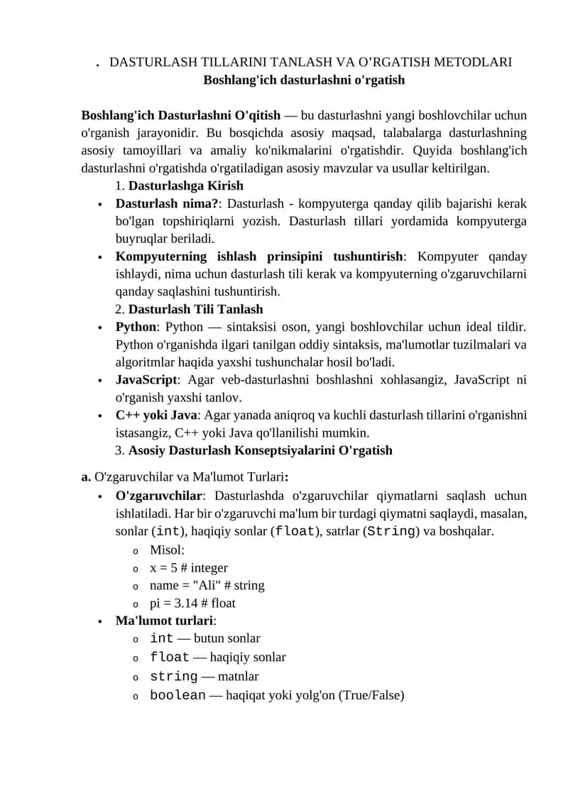 Boshlang'ich Dasturlashni O'qitish 1