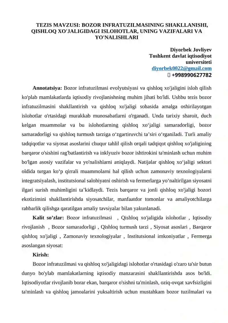 Bozor infratuzilmasi ning shakllanishi, qishloq xo'jaligida islohotlar, uning vazifalari va yo'nalishlari