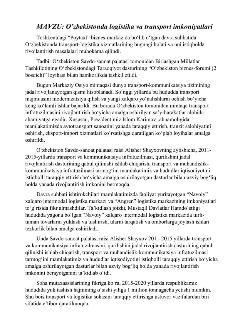 O‘zbekistonda logistika va transport imkoniyatlari 1