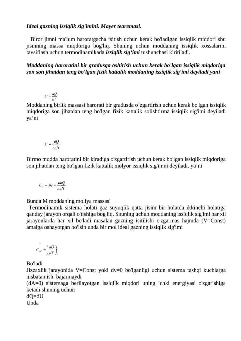Ideal gazning issiqlik sig'imi 1