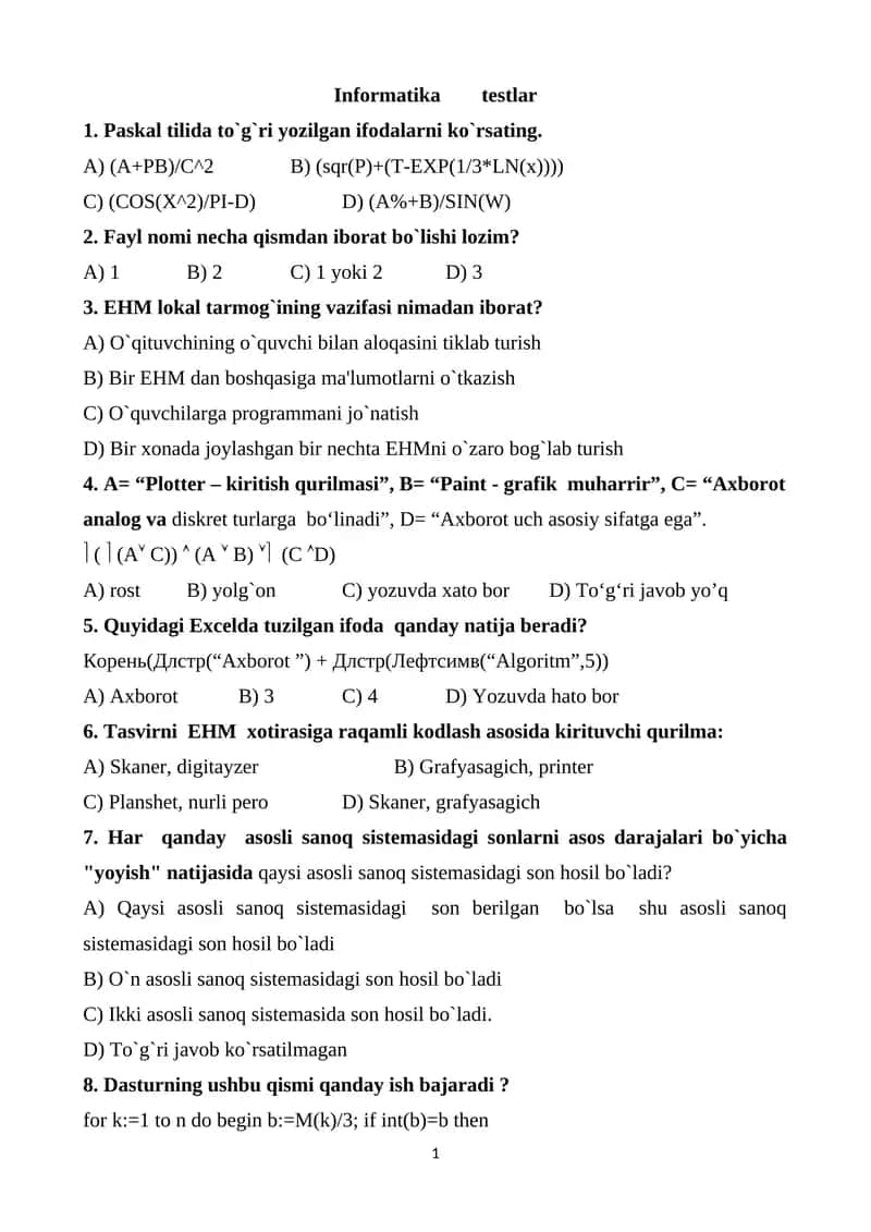 Informatika testlar 1