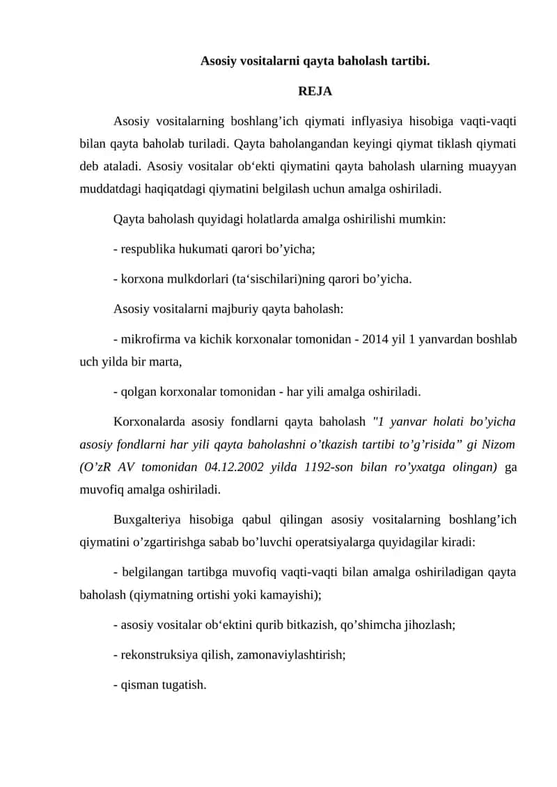 Asosiy vositalarni qayta baholash tartibi 1
