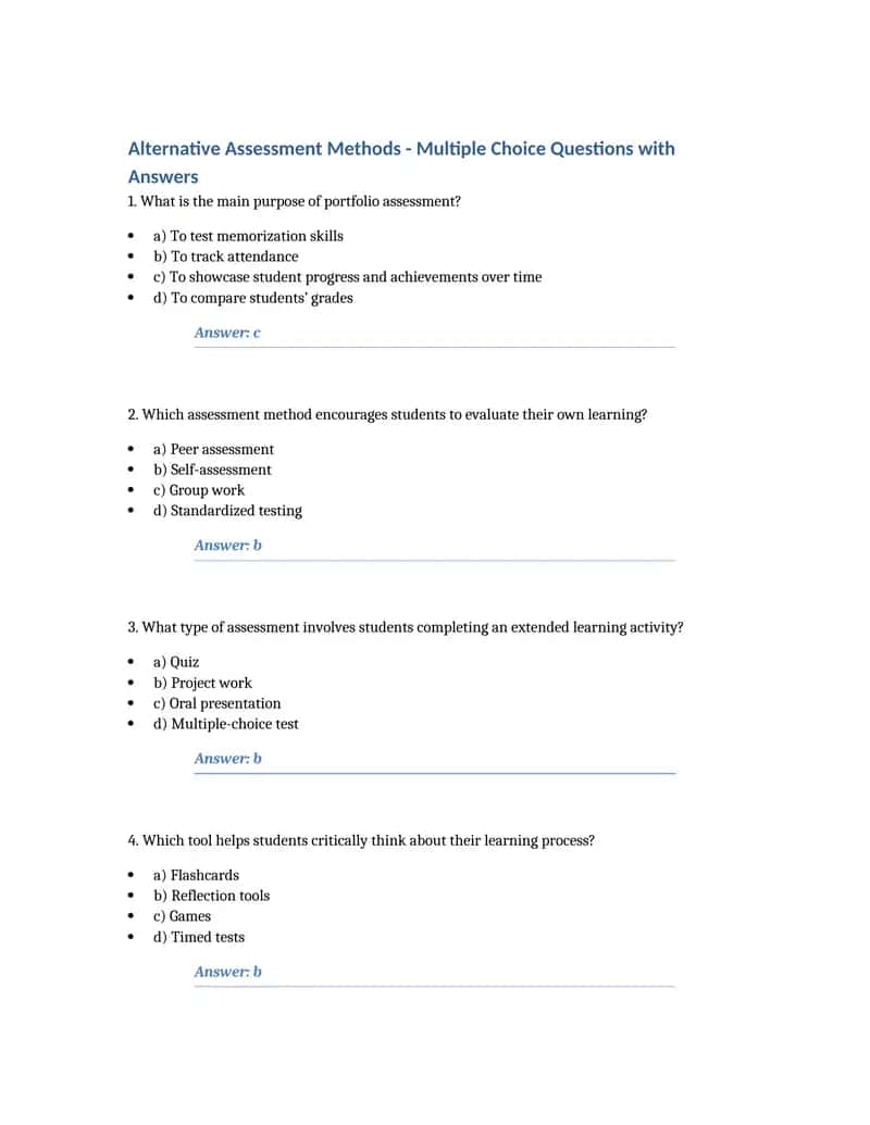 Alternative Assessment Methods - Multiple Choice Questions with Answers 1
