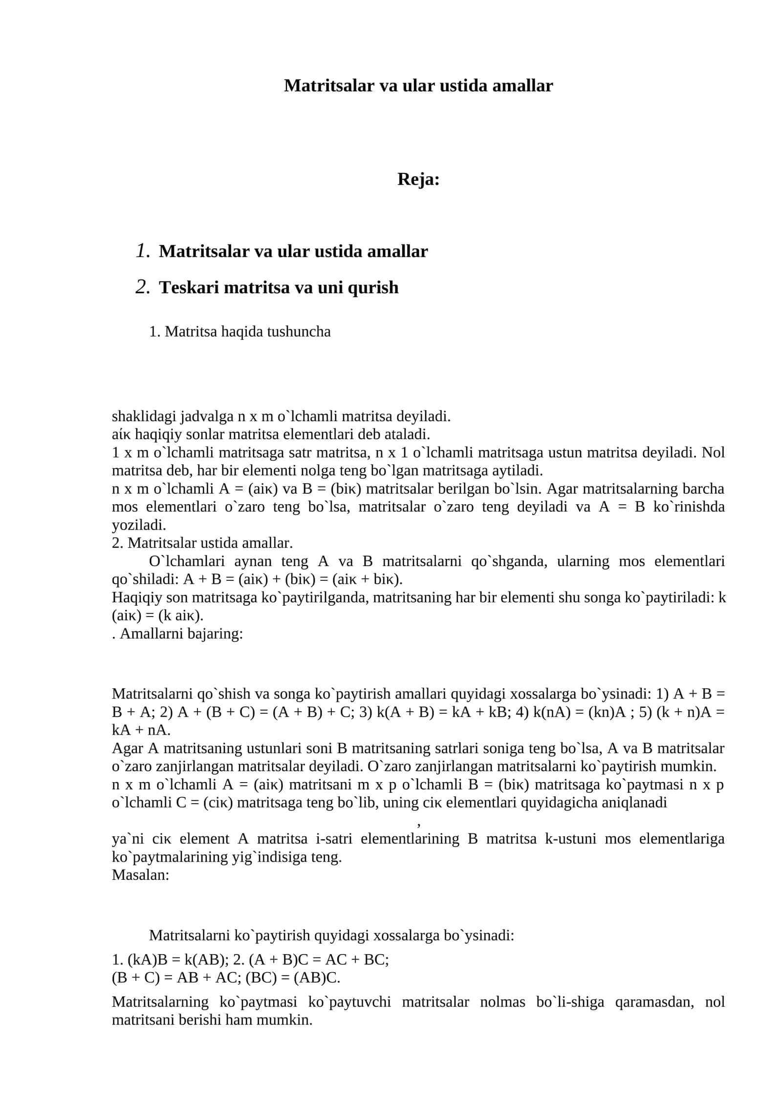 Matritsalar va ular ustida amallar 1