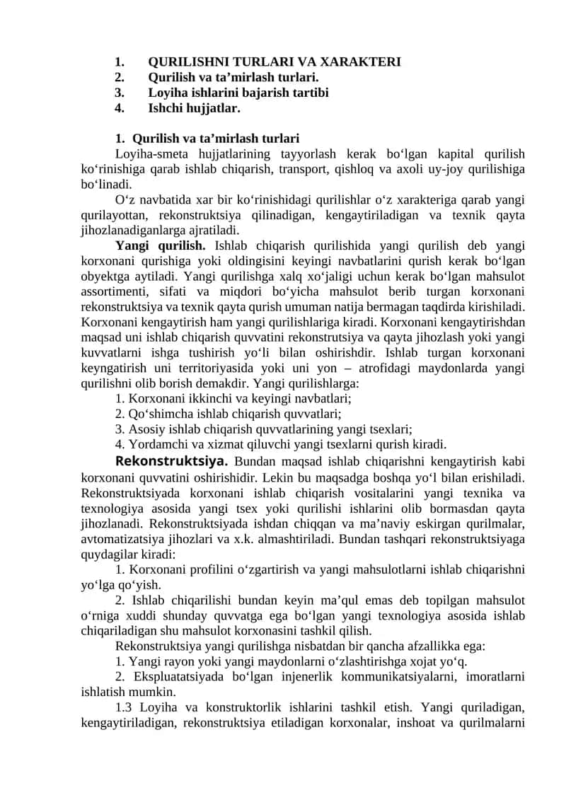 Qurilish va ta’mirlash turlari 1