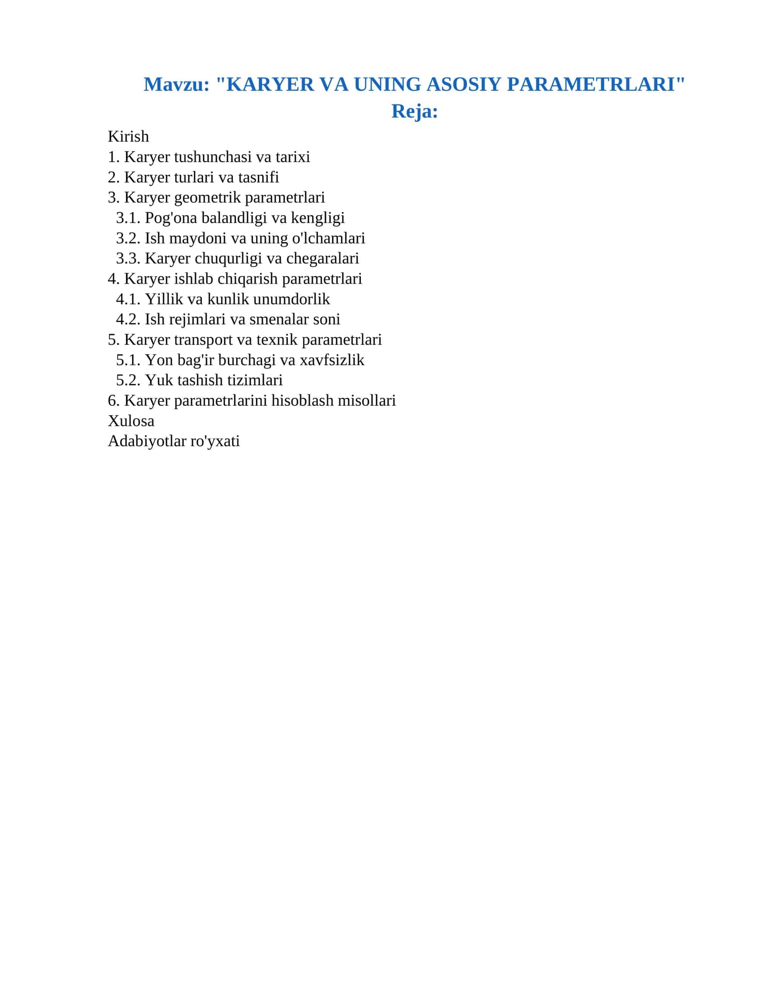 KARYER VA UNING ASOSIY PARAMETRLARI 1