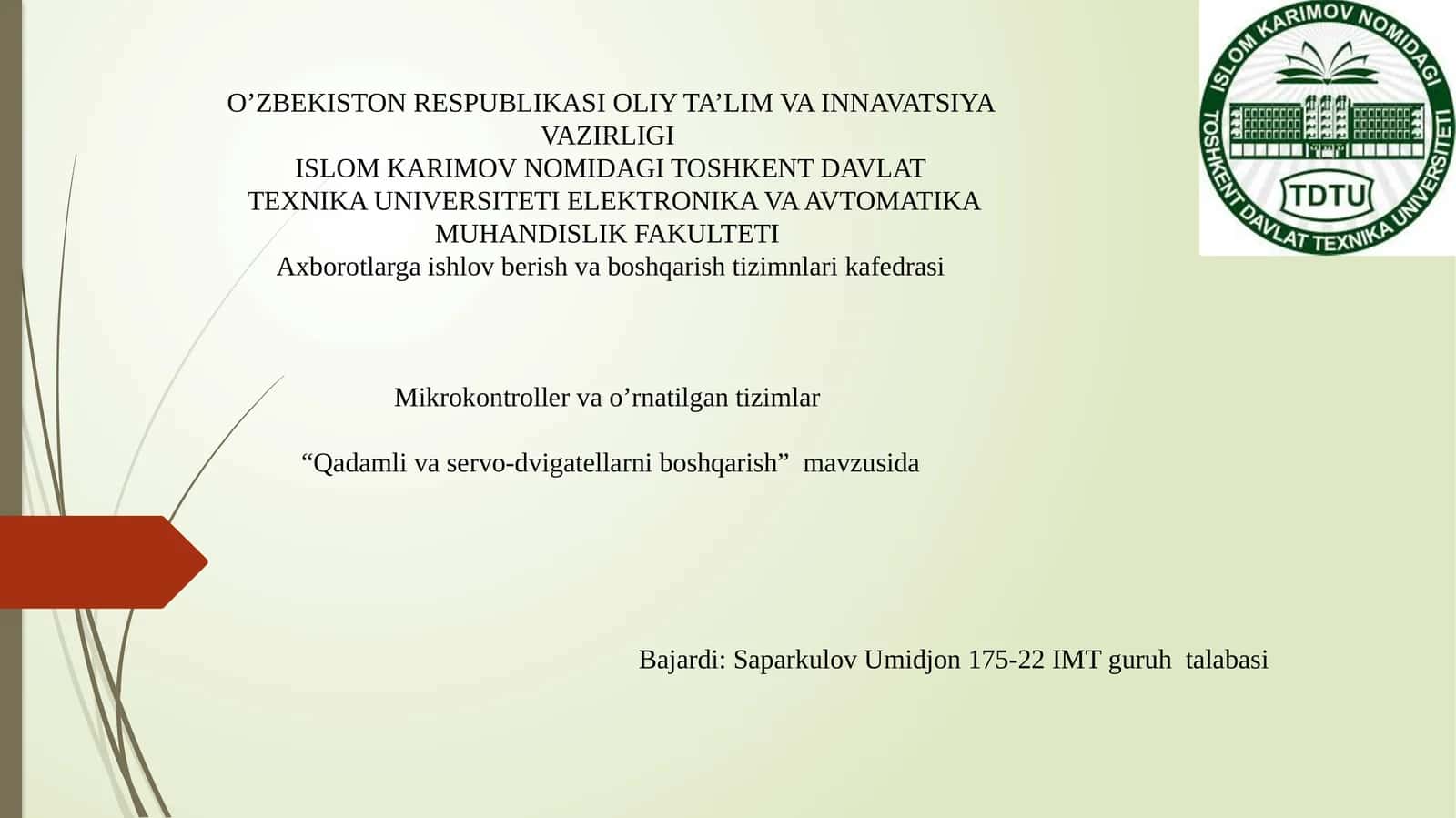 Mikrokontroller va o'rnatilgan tizimlar 1