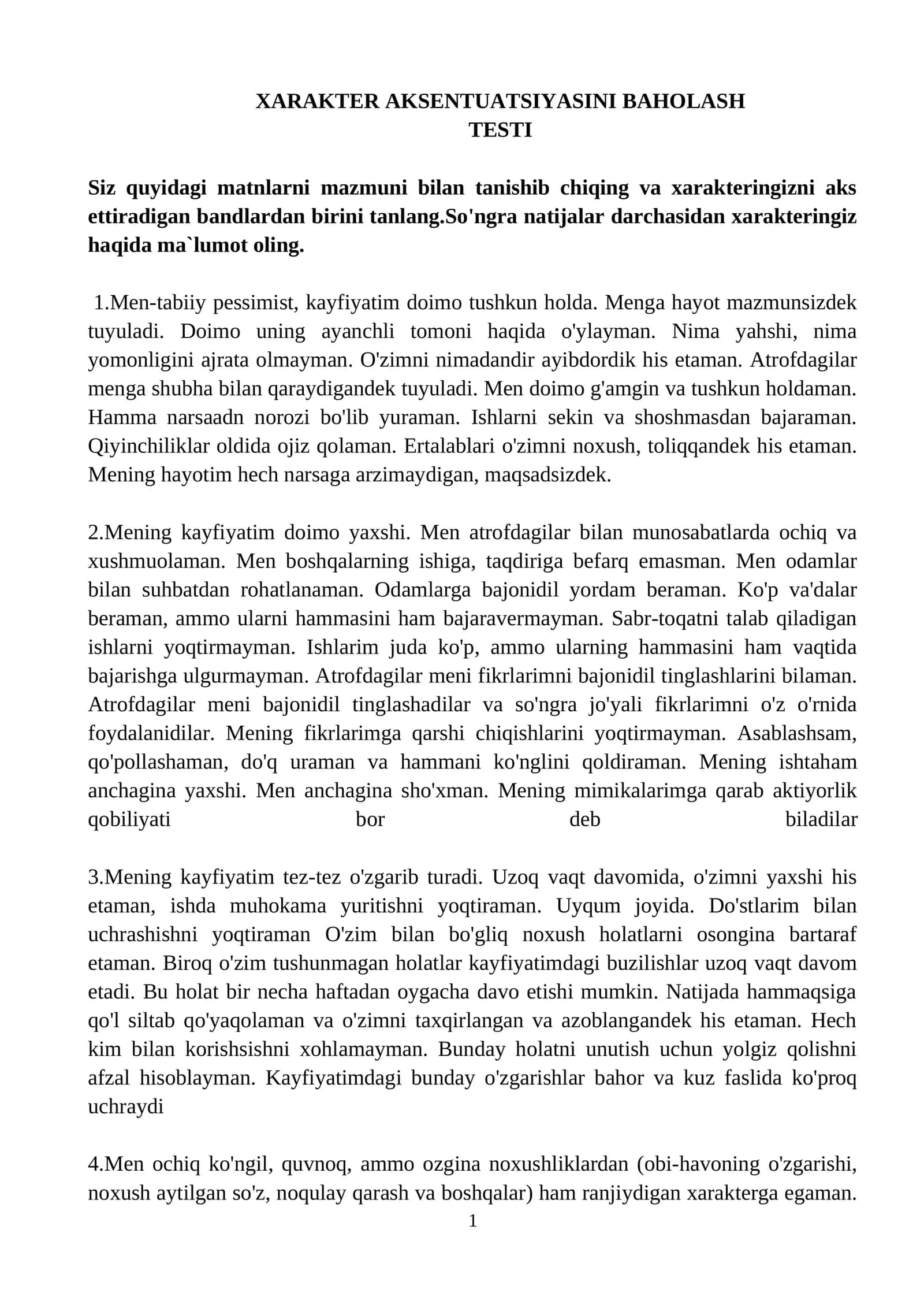 XARAKTER AKSENTUATSIYASINI BAHOLASH TESTI 1