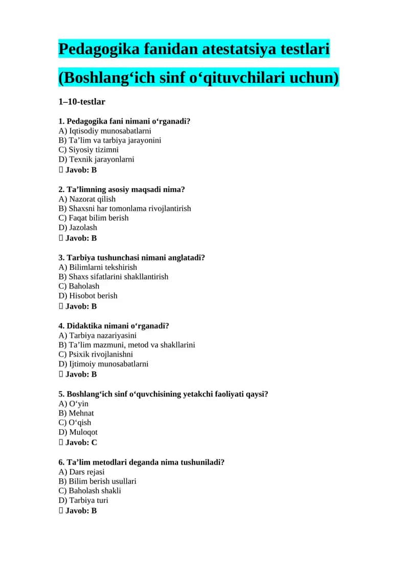 Pedagogika boshlangʻich sinf atestatsiya testlari 1