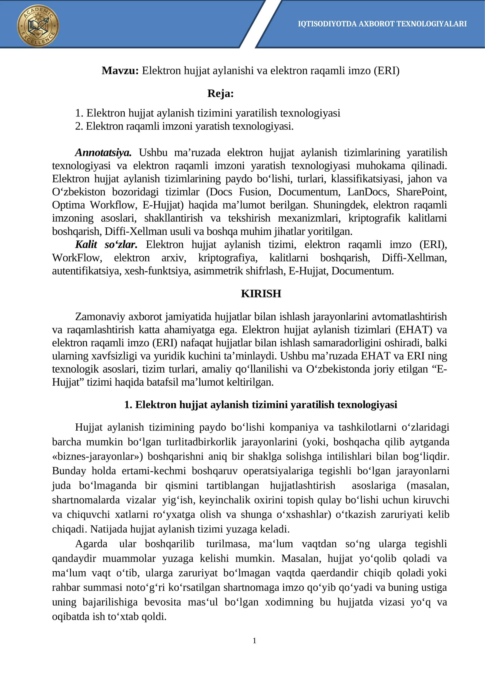 Elektron hujjat aylanishi va elektron raqamli imzo (ERI) 1