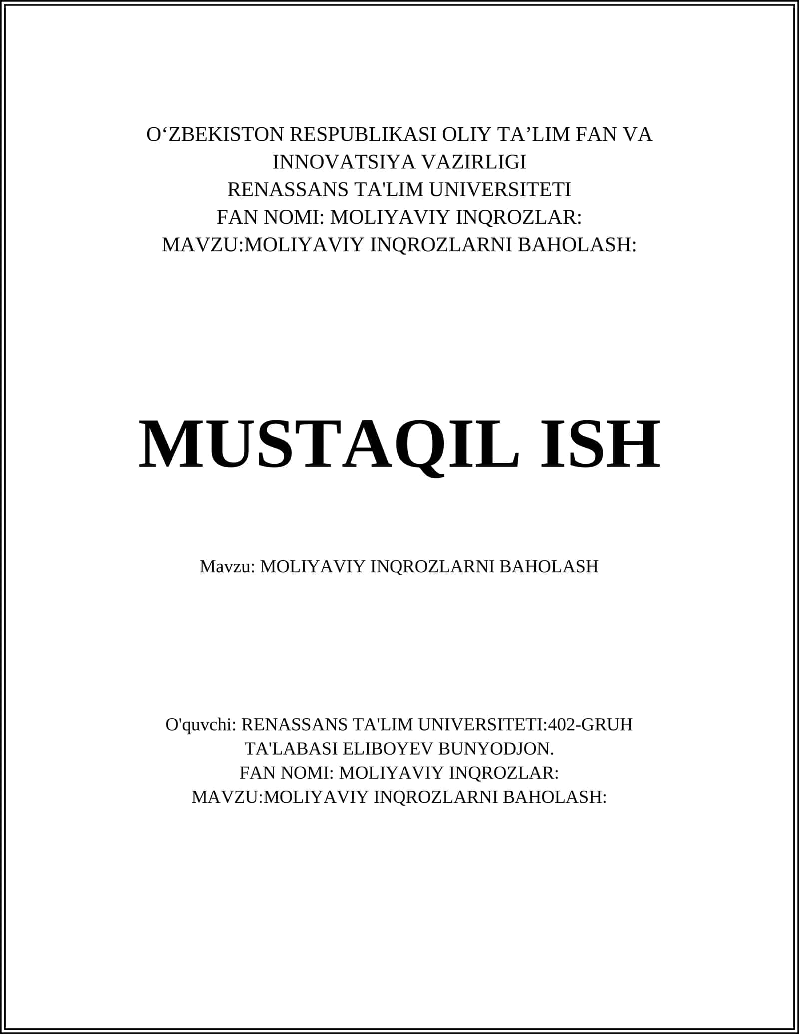 Moliyaviy Inqirozlar Baholash 1
