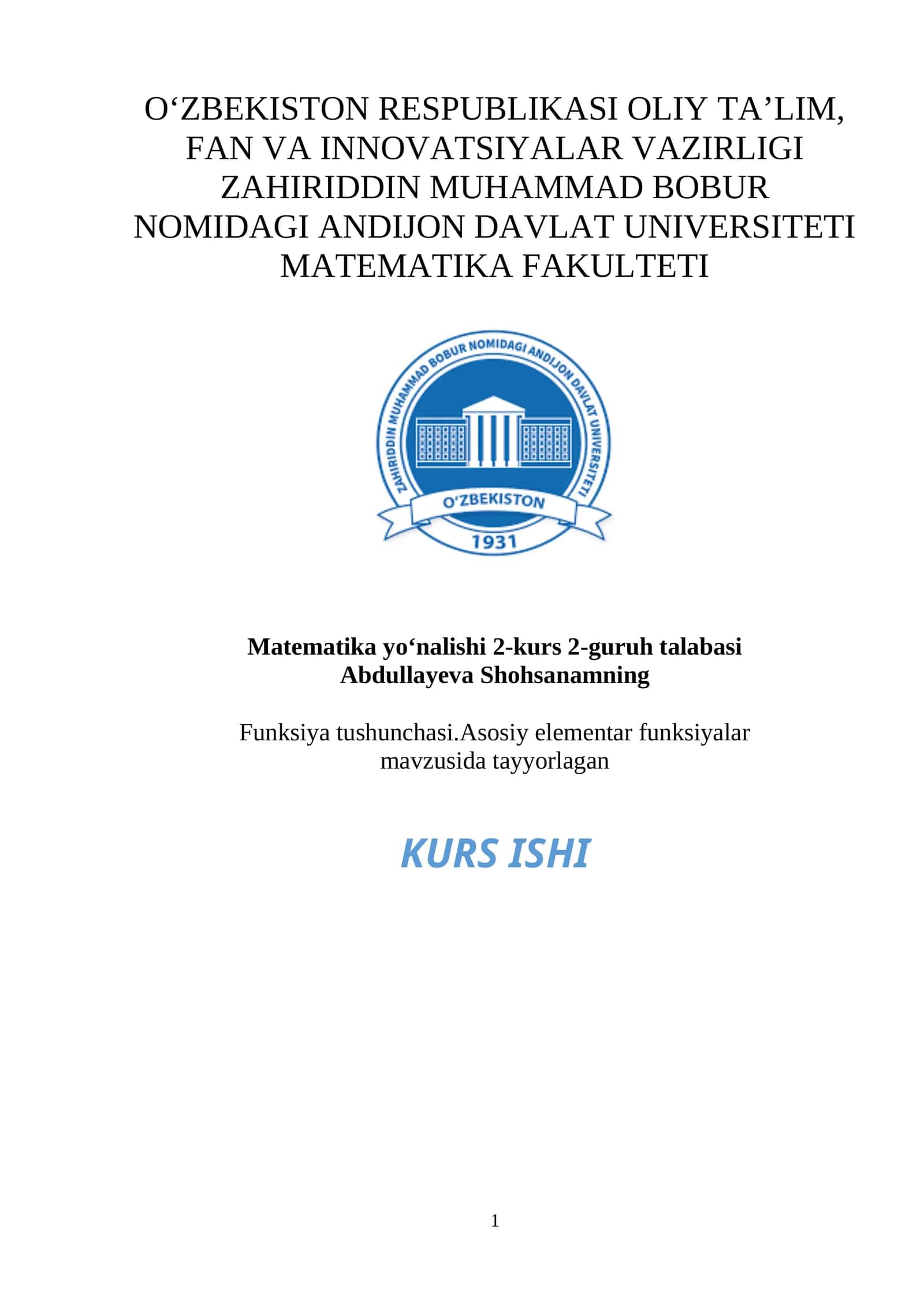 Funksiya tushunchasi.Asosiy elementar funksiyalar 1