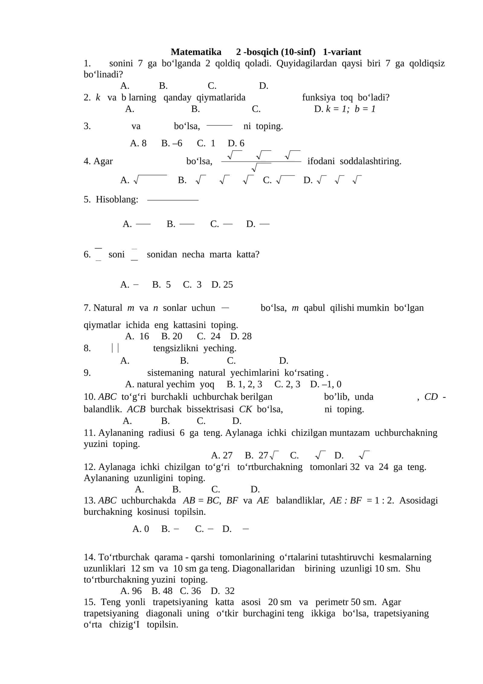 Matematika 10-sinf uchun qiyin test 1