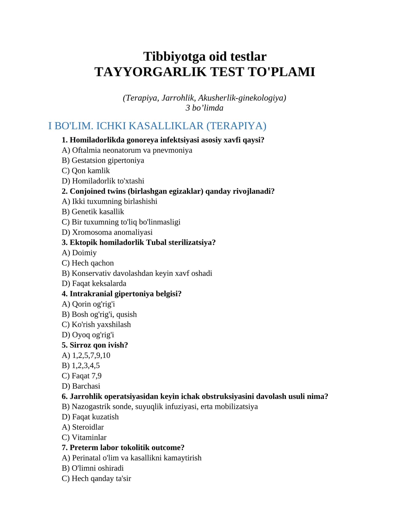 Tibbiyotga oid testlar 1