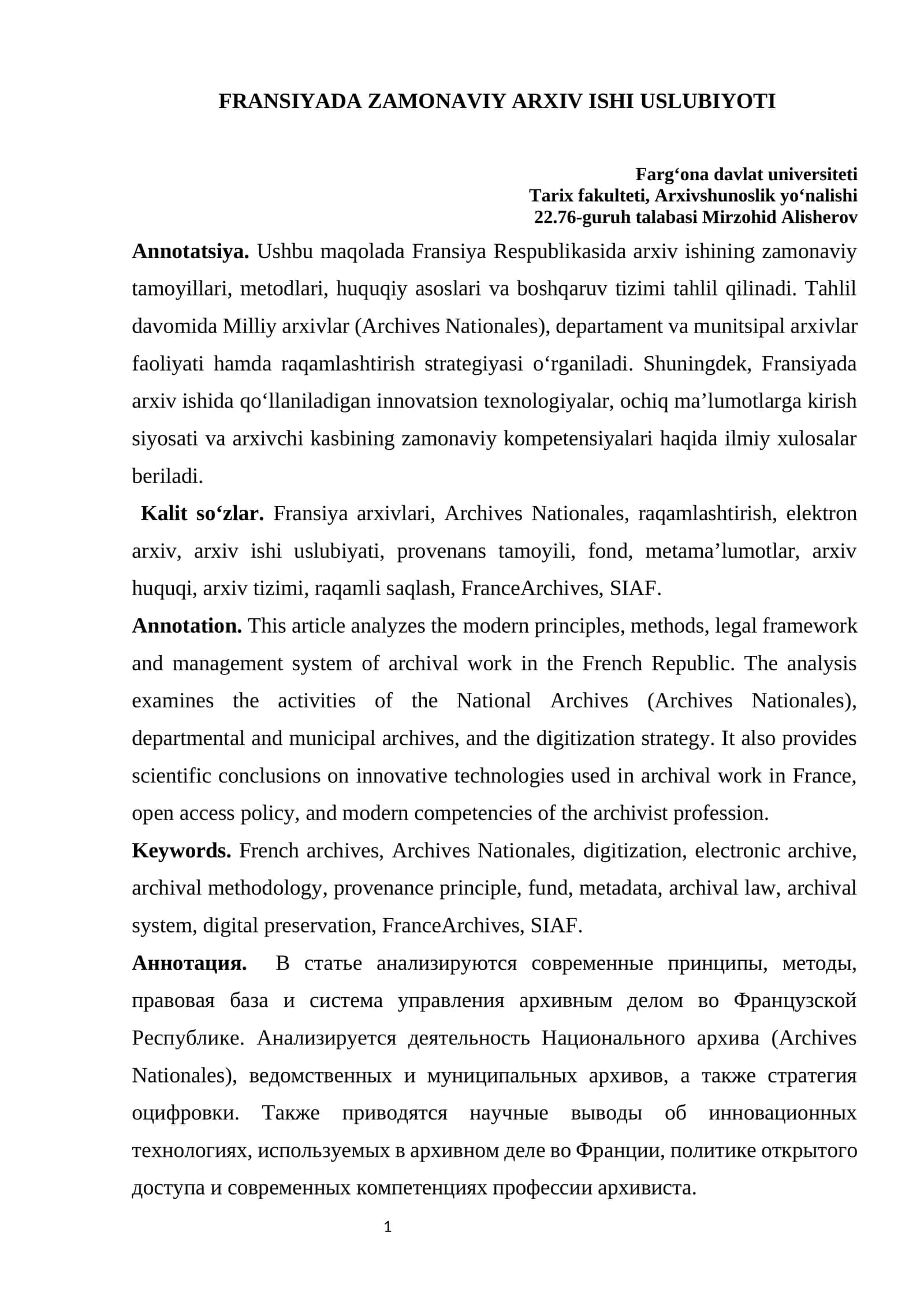 FRANSIYADA ZAMONAVIY ARXIV ISHI USLUBIYOTI 1