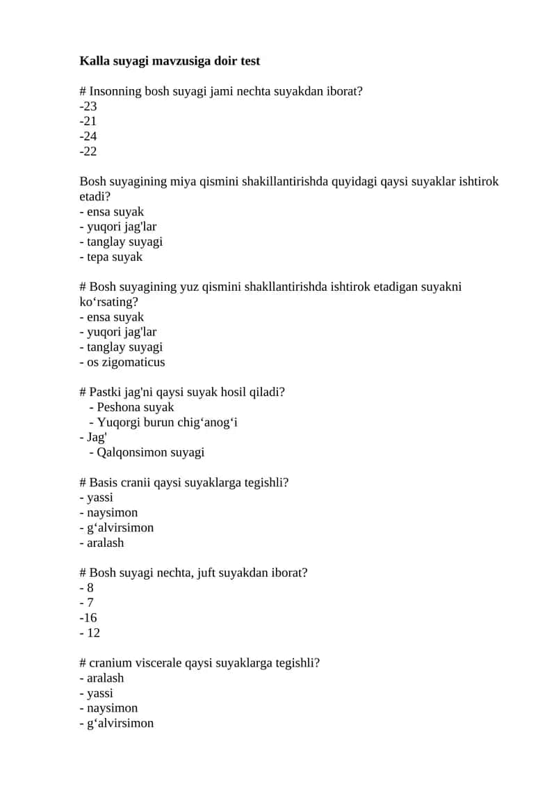 Kalla suyagi mavzusiga doir test 1