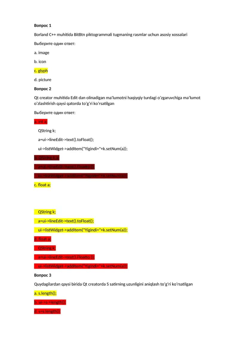 Borland C++ va Qt creator muhitida dasturlash bo'yicha savollar 1