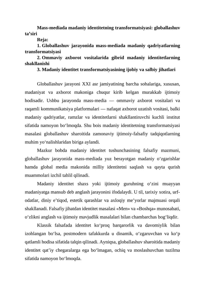 Mass-mediada madaniy identitetning transformatsiyasi 1