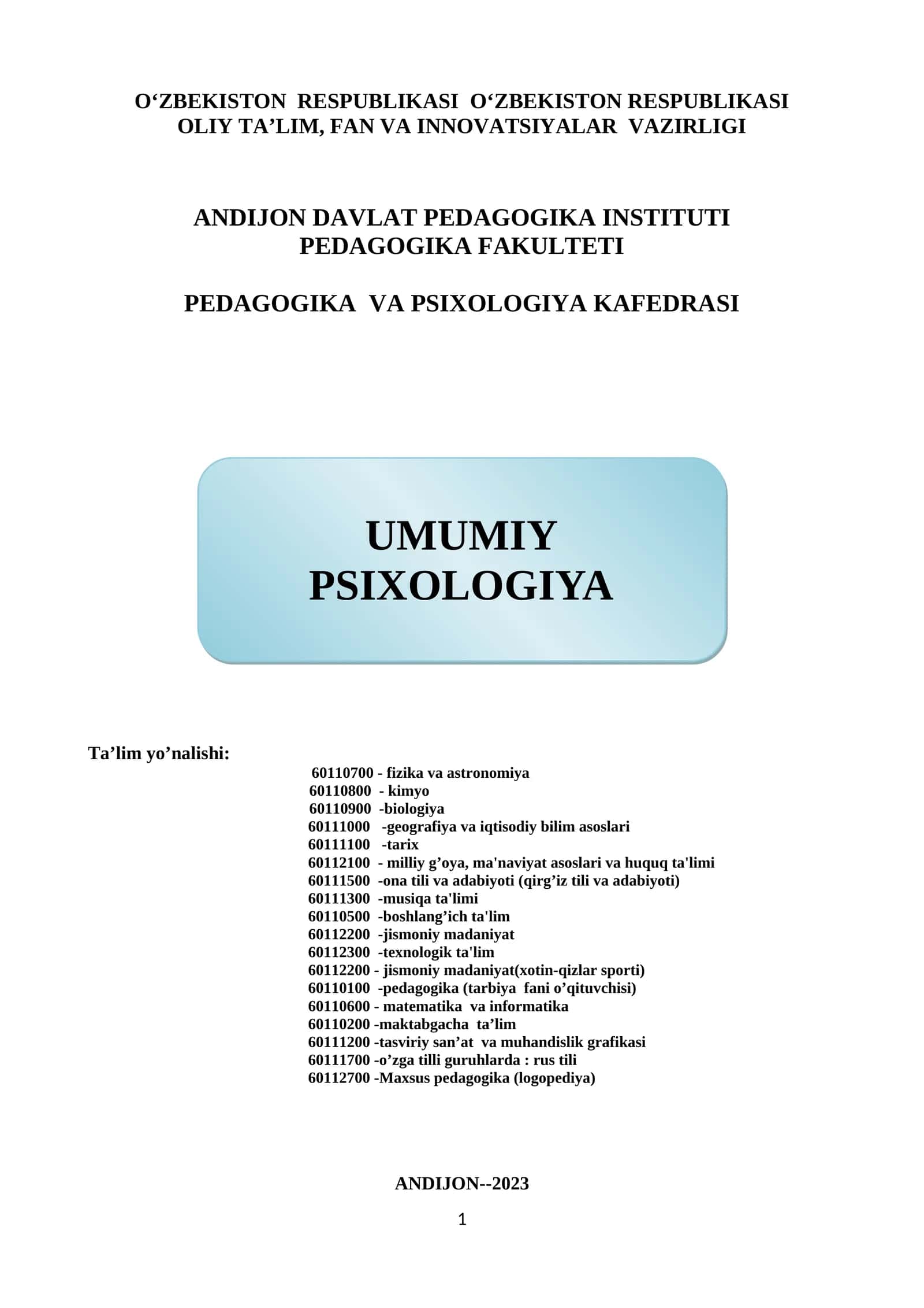 UMUMIY PSIXOLOGIYA O’QUV-USLUBIY MAJMUA 1