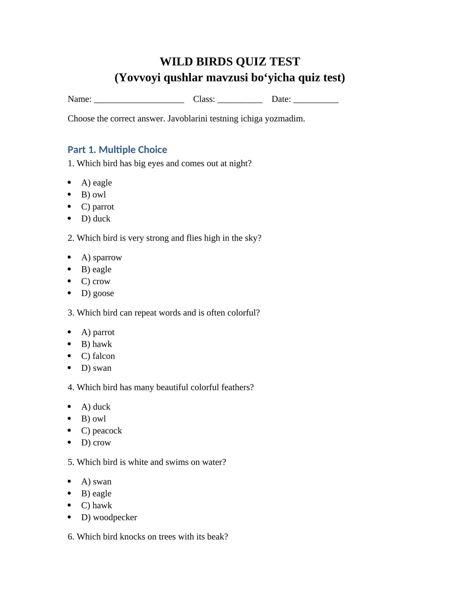 WILD BIRDS QUIZ TEST 1
