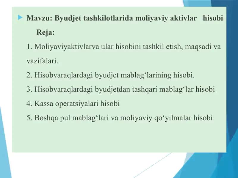 Byudjet tashkilotlarida moliyaviy aktivlar   hisobi 1