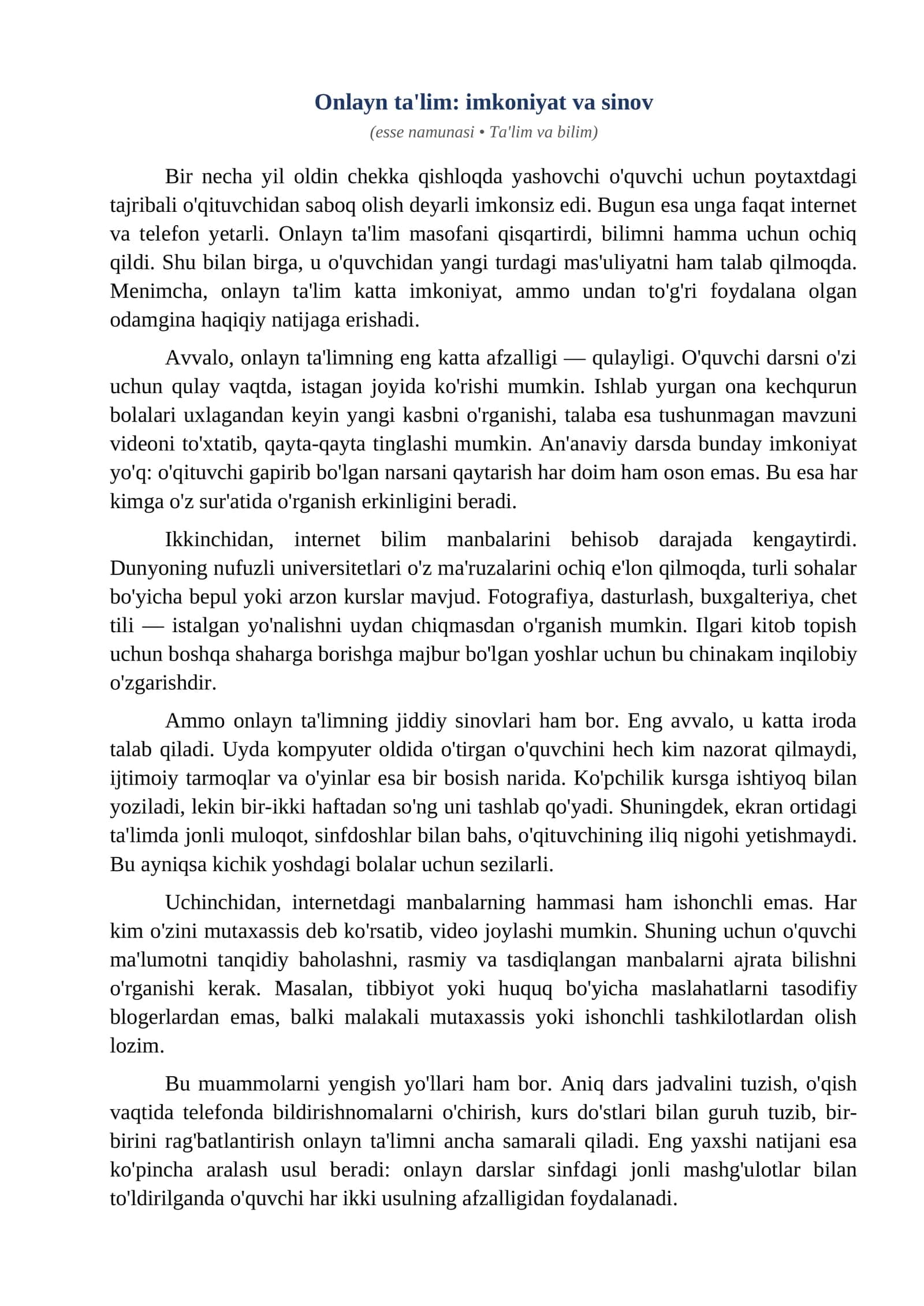 Esse Onlayn talim imkoniyat va sinov 1