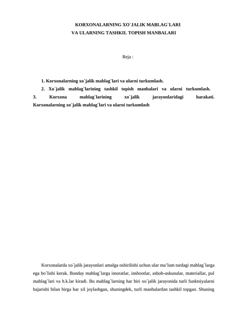 Korxonalarning xo`jalik mablag`lari va ularni turkumlash 1